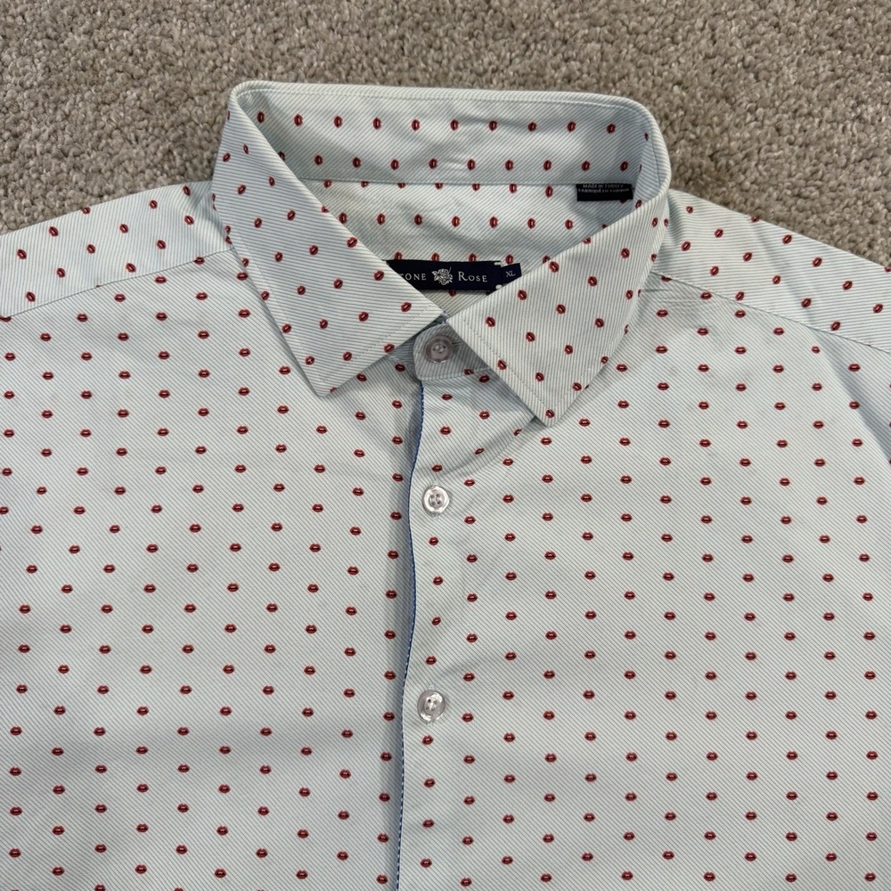 Stone Rose Short Sleeve Button Shirt XL Geometric Lip All Over Light Blue Cotton